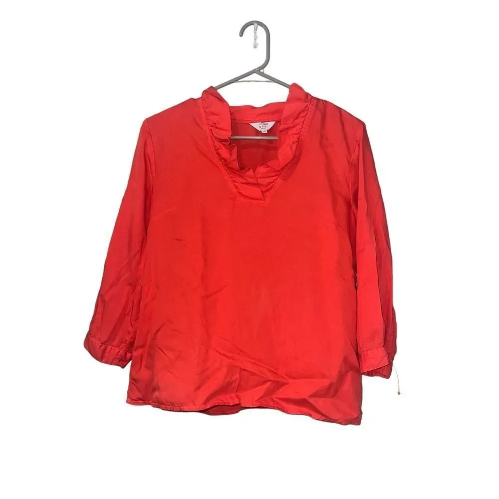 Crown &‎ Ivy Red Blouse with Ruffled V Neck Collar